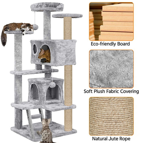 Furrlovers Multi Condo Kitten & Cat Tree with Plush Fur Fabric, Ladder, Top Perches, Playing Balls & Jute Rope Scratching Posts (Grey)