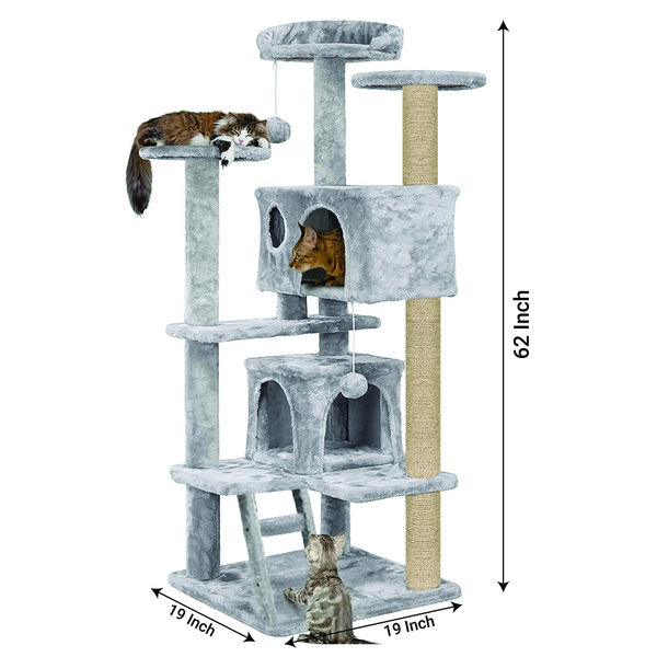 Furrlovers Multi Condo Kitten & Cat Tree with Plush Fur Fabric, Ladder, Top Perches, Playing Balls & Jute Rope Scratching Posts (Grey)