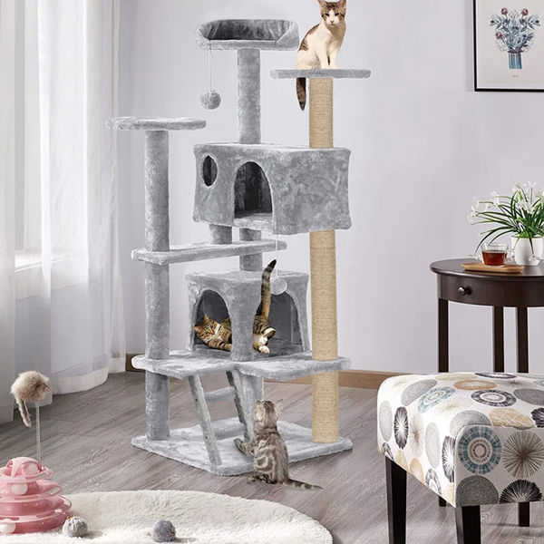 Furrlovers Multi Condo Kitten & Cat Tree with Plush Fur Fabric, Ladder, Top Perches, Playing Balls & Jute Rope Scratching Posts (Grey)