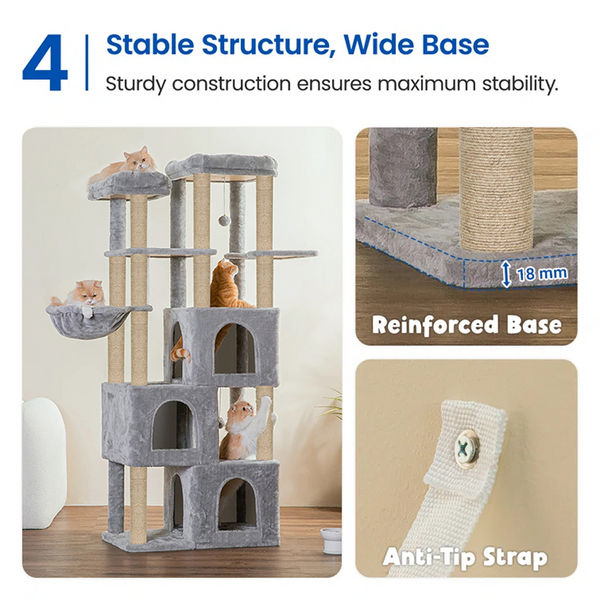 Furrlovers Multilevel Fur Fabric Cat Tree with Condos, Hanging Ball & Jute Rope Scratching Posts (Grey)