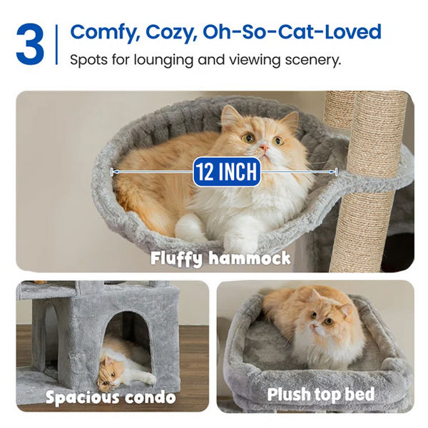 Furrlovers Multilevel Fur Fabric Cat Tree with Condos, Hanging Ball & Jute Rope Scratching Posts (Grey)