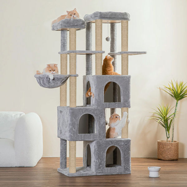Furrlovers Multilevel Fur Fabric Cat Tree with Condos, Hanging Ball & Jute Rope Scratching Posts (Grey)