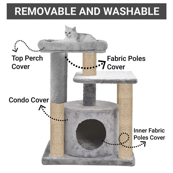 Furrlovers Cat Tree with Condo, Top Perch & Jute Rope Scratching Posts (Grey)
