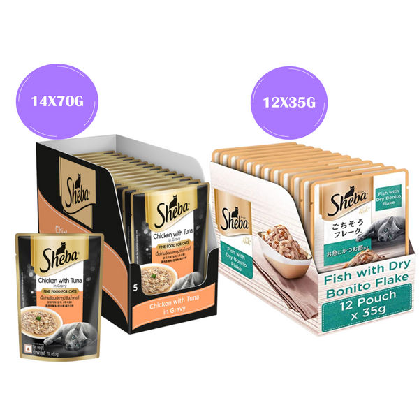 Sheba Chicken With Tuna In Gravy and Fish with Dry Bonito Flake Premium Cat Wet Food Combo