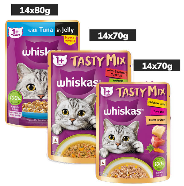 Whiskas Adult Wet Cat Food Combo |Chicken, Tuna & Seafood (Jelly & Gravy)