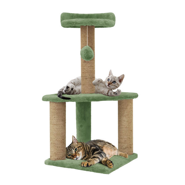 Furrlovers Two Floor Soft Fur Activity Cat Tree for Kittens & Cats with Scratching Post, Natural Sisal Rope & Hanging Ball (Green)