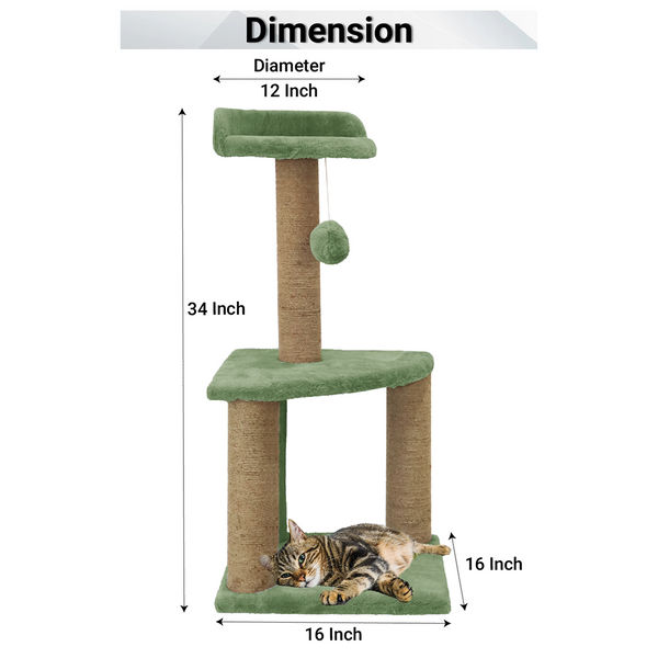 Furrlovers Two Floor Soft Fur Activity Cat Tree for Kittens & Cats with Scratching Post, Natural Sisal Rope & Hanging Ball (Green)
