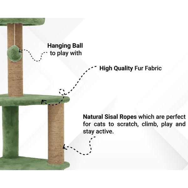 Furrlovers Two Floor Soft Fur Activity Cat Tree for Kittens & Cats with Scratching Post, Natural Sisal Rope & Hanging Ball (Green)