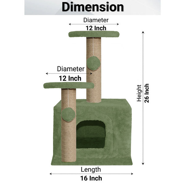 Furrlovers Soft Fur Activity Cat Tree with Natural Sisal Rope, Condo, Sisal Scratching Post & Hanging Ball Toys for Cats and Kittens (Green)