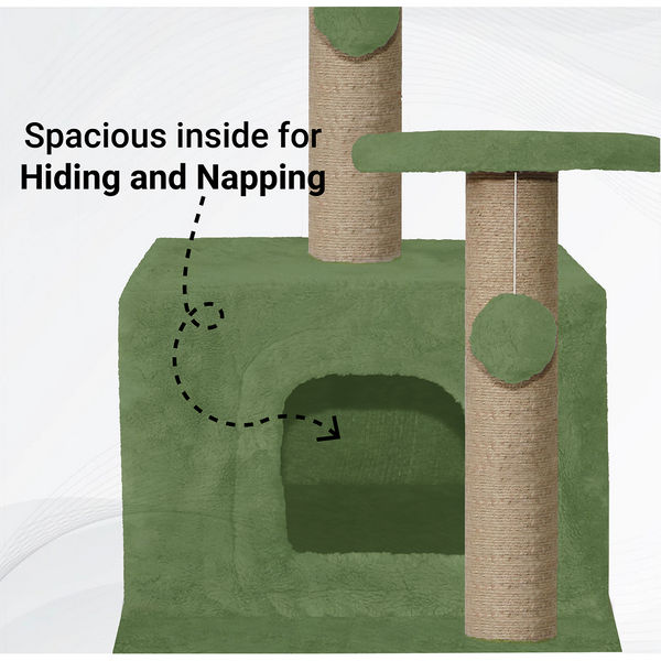 Furrlovers Soft Fur Activity Cat Tree with Natural Sisal Rope, Condo, Sisal Scratching Post & Hanging Ball Toys for Cats and Kittens (Green)