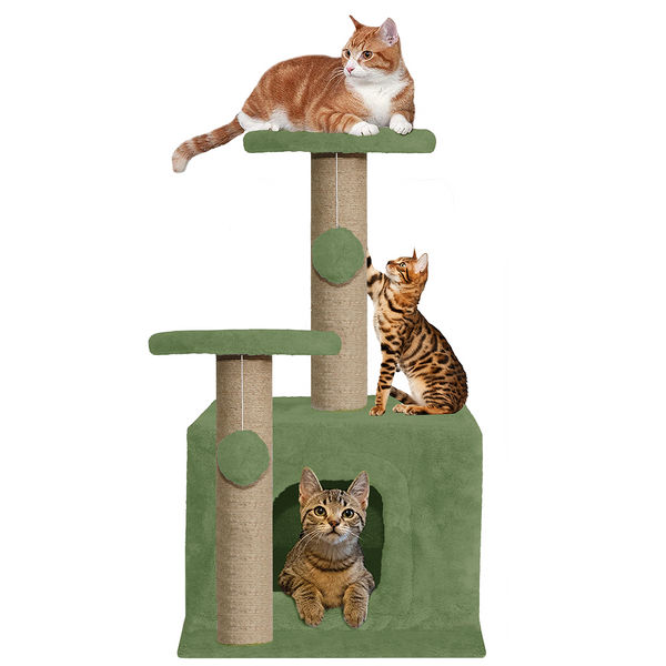 Furrlovers Soft Fur Activity Cat Tree with Natural Sisal Rope, Condo, Sisal Scratching Post & Hanging Ball Toys for Cats and Kittens (Green)
