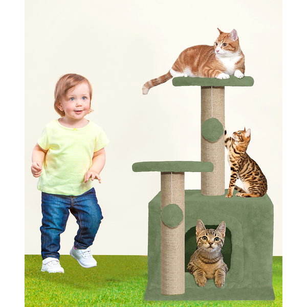 Furrlovers Soft Fur Activity Cat Tree with Natural Sisal Rope, Condo, Sisal Scratching Post & Hanging Ball Toys for Cats and Kittens (Green)