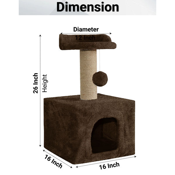 Furrlovers Soft Fur Condo Cat Tree with Sisal/Jute Scratching Post & Hanging Ball (Brown)