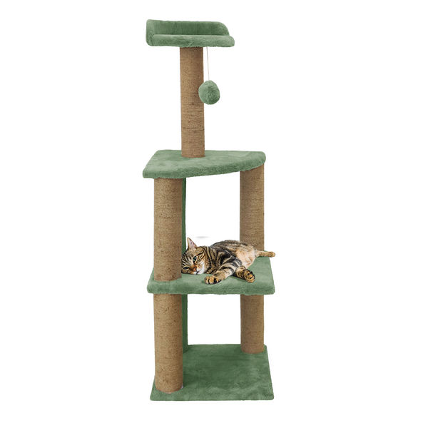 Furrlovers Three Floor Soft Fur Activity Cat Tree for Kittens & Cats with Scratching Post, Natural Sisal Rope & Hanging Ball (Green)