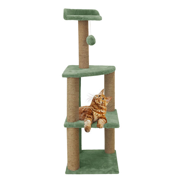 Furrlovers Three Floor Soft Fur Activity Cat Tree for Kittens & Cats with Scratching Post, Natural Sisal Rope & Hanging Ball (Green)