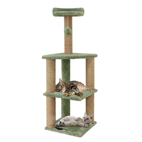 Furrlovers Three Floor Soft Fur Activity Cat Tree for Kittens & Cats with Scratching Post, Natural Sisal Rope & Hanging Ball (Green)