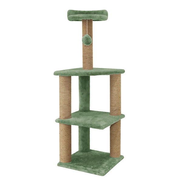 Furrlovers Three Floor Soft Fur Activity Cat Tree for Kittens & Cats with Scratching Post, Natural Sisal Rope & Hanging Ball (Green)