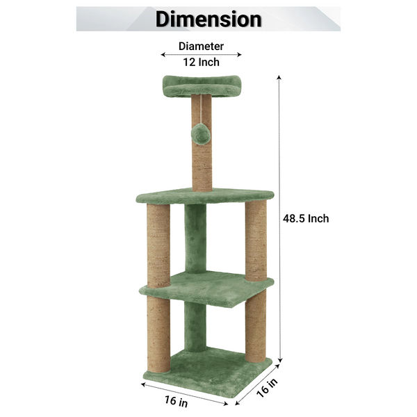 Furrlovers Three Floor Soft Fur Activity Cat Tree for Kittens & Cats with Scratching Post, Natural Sisal Rope & Hanging Ball (Green)