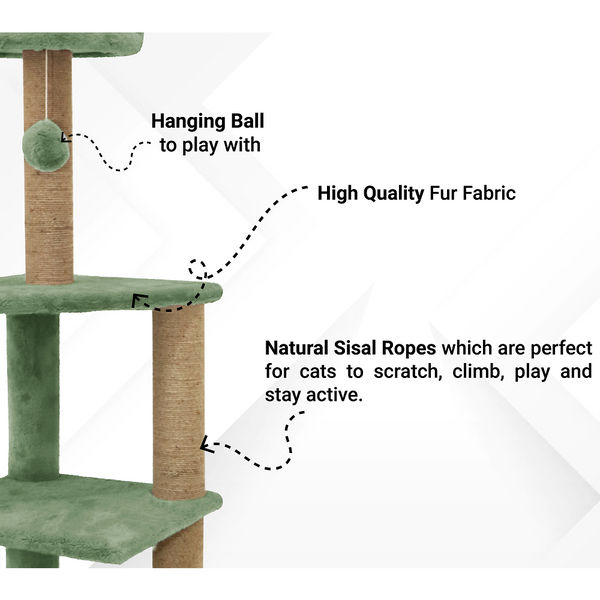 Furrlovers Three Floor Soft Fur Activity Cat Tree for Kittens & Cats with Scratching Post, Natural Sisal Rope & Hanging Ball (Green)