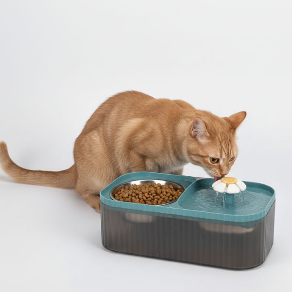 Skatrs Water Fountain with Food Bowl & Adapter for Dogs and Cats (Blue)