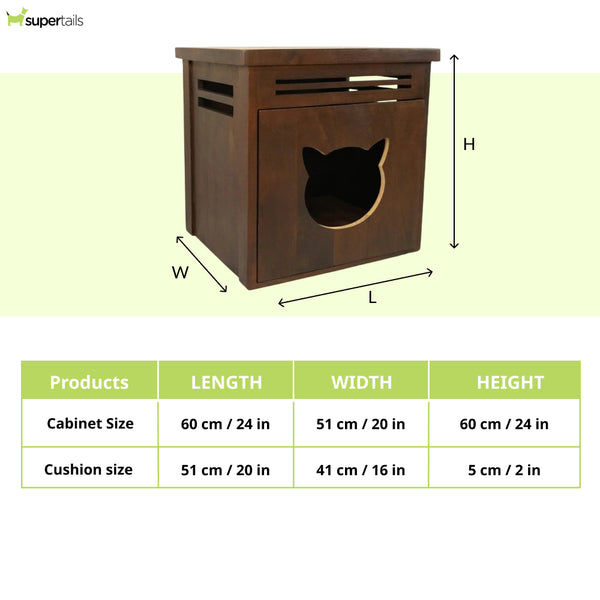 FurryLiving Meraki Cabinet with Cushion for Small Dogs and Cats (Dark Brown/ Red Cushion)