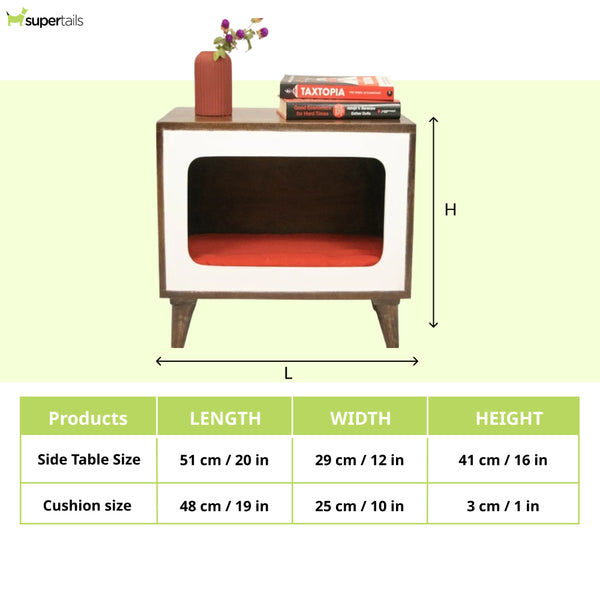 FurryLiving Telly Side Table with Cushion for Small Dogs and Cats (Dark Brown/Red Cushion)