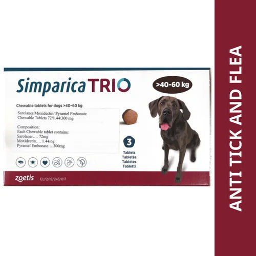 Zoetis Simparica Trio (Sarolaner) Tick and Flea Control Tablet for Dogs (pack of 3 tablets)