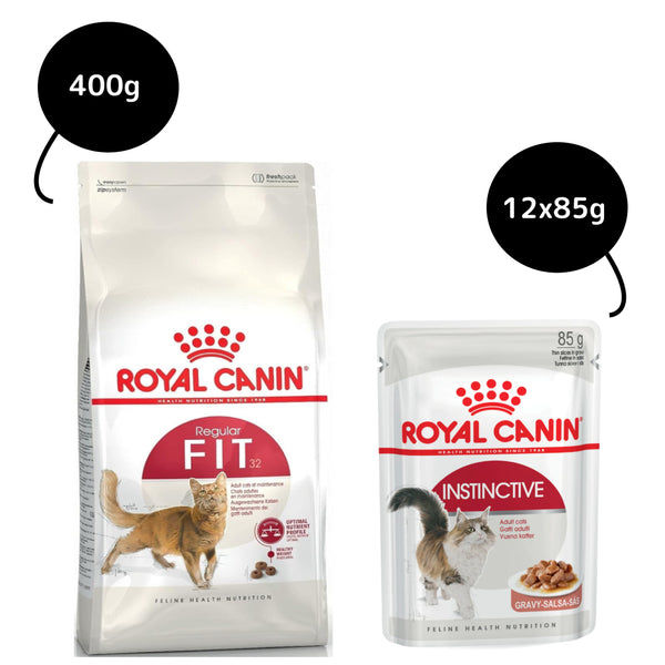 Royal Canin Fit 32 Dry Food and Instinctive Adult Gravy Cat Wet Food Combo