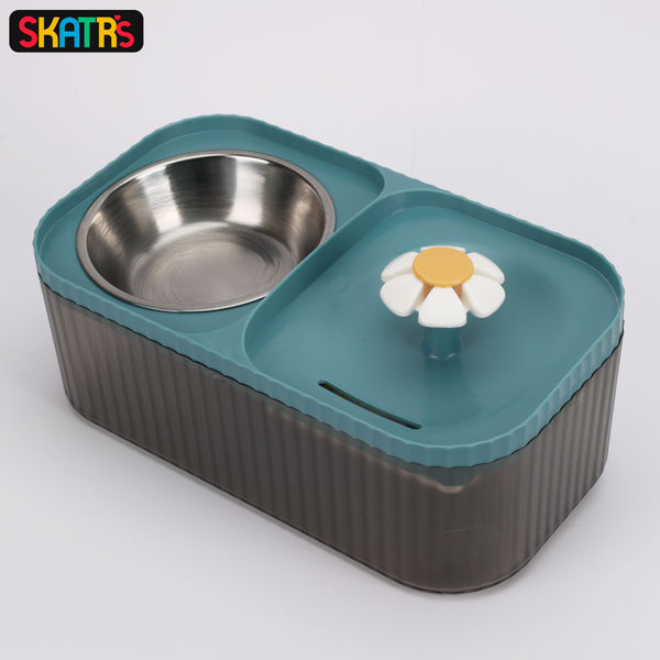 Skatrs Water Fountain with Food Bowl & Adapter for Dogs and Cats (Blue)