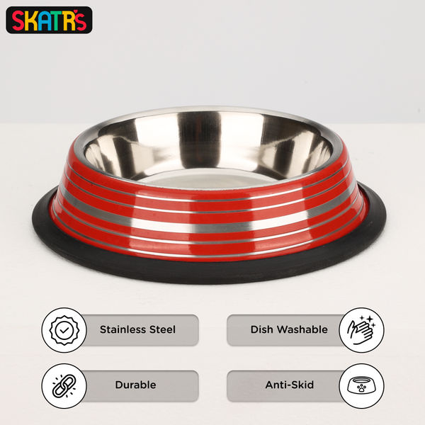 Skatrs Anti Skid Glossy Striped Bowl for Dogs and Cats (Red)