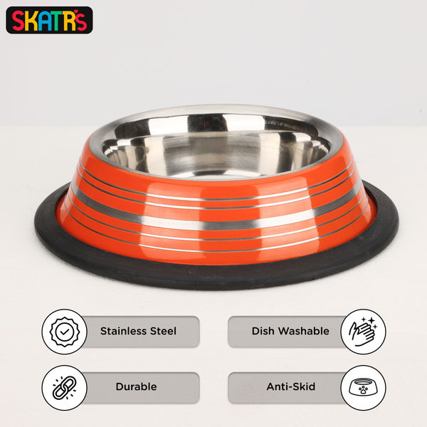 Skatrs Anti Skid Glossy Striped Bowl for Dogs and Cats (Orange)