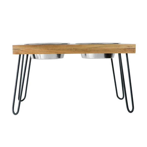 Pawpourri Elevated Acacia Wooden Double Diner for Dogs and Cats (Wooden Brown)