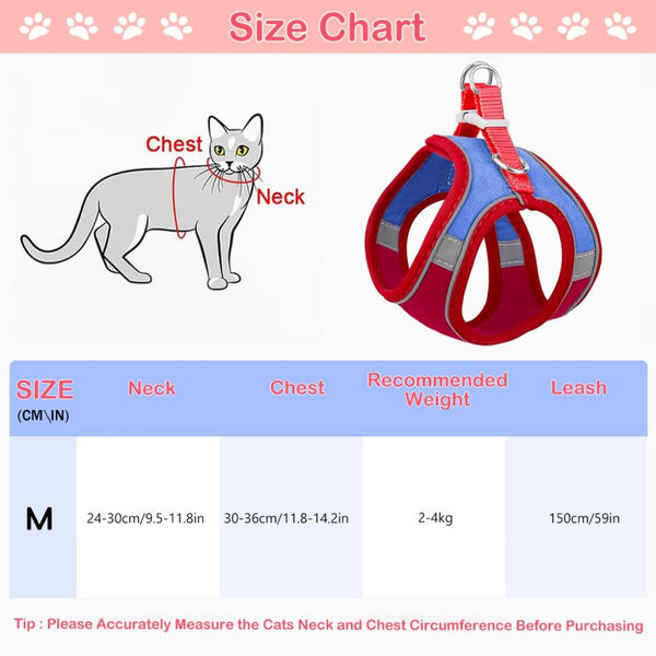 QPets Reflective Mesh Vest Harness with Leash for Cats (Blue/Red)