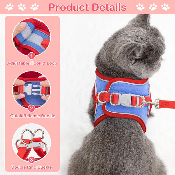 QPets Reflective Mesh Vest Harness with Leash for Cats (Blue/Red)