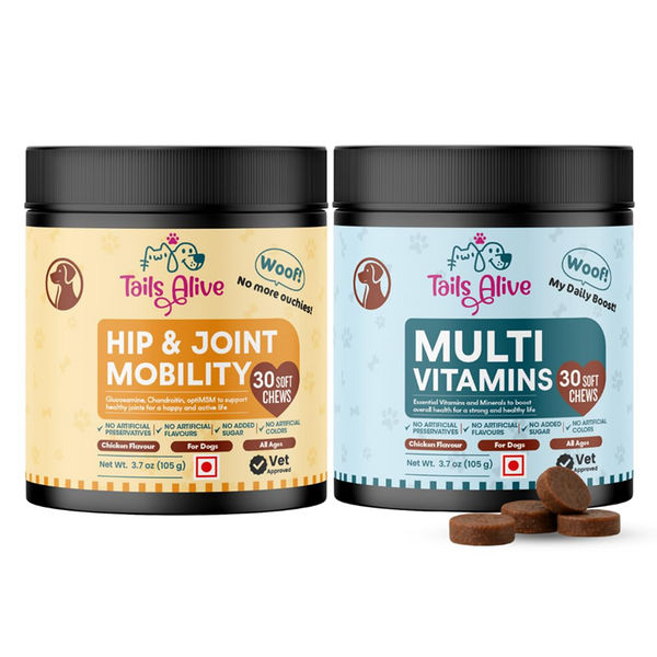 TailsAlive Hip & Joint Soft Chews and Chicken Flavored Multivitamin Chews Senior Vitality & Mobility Combo for Dogs