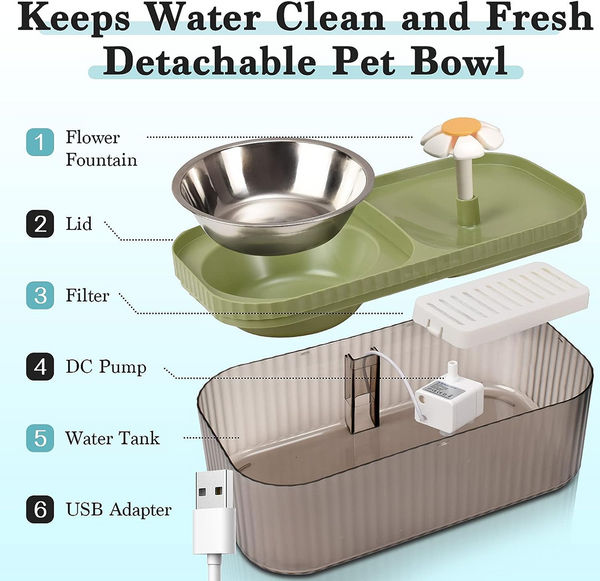 Pet Vogue Exclusive Cat Water Fountain and Food Bowl with Ultra-Quiet Pet Water Dispenser for Cats and Small Dogs (Green)