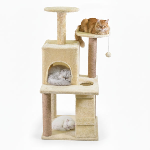 Skatrs Kitty Kastle Multi Level Cat Tree with Condo, Scratching Post, Platform and Ladder Toy (Beige)