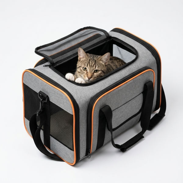 Skatrs Foldable Expandable Pet Travel Carrier Bag for Small Dogs, Adult Cats & Kittens (Grey with Orange)