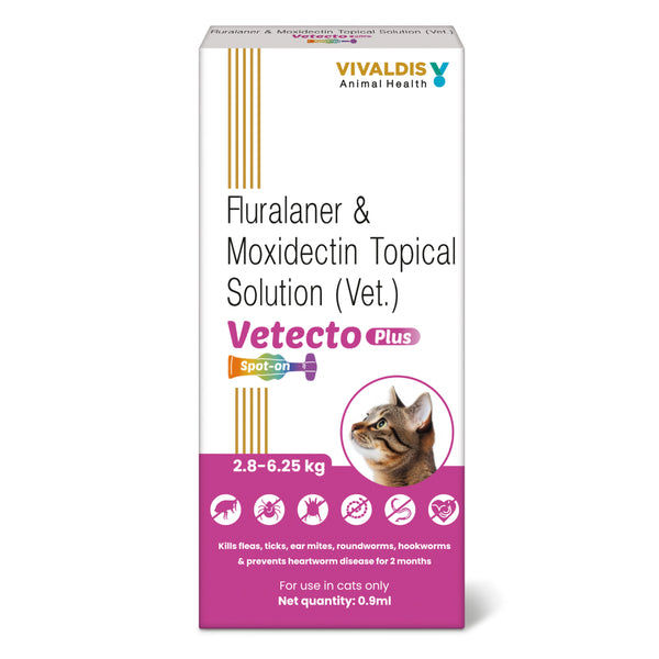 Vivaldis Vetecto Plus Spot On (Fluralaner & Moxidectin) Anti Tick & Flea for Cats