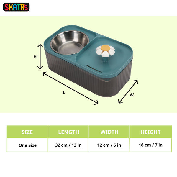 Skatrs Water Fountain with Food Bowl & Adapter for Dogs and Cats (Blue)