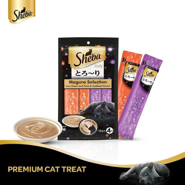 Sheba Tuna Flavor and Tuna & Prawn Maguro Selection Melty Premium Treat and Skipjack & Salmon Fish Mix Cat Wet Food Combo