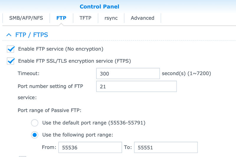 Synology Control Panel - Enable FTP