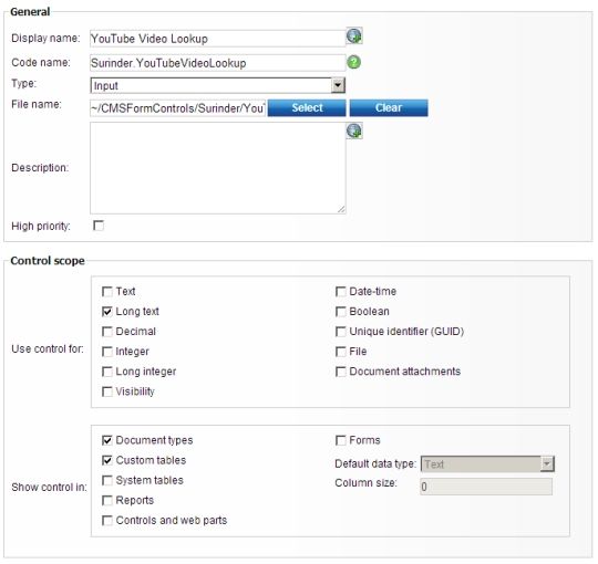 YouTube Kentico Control Settings