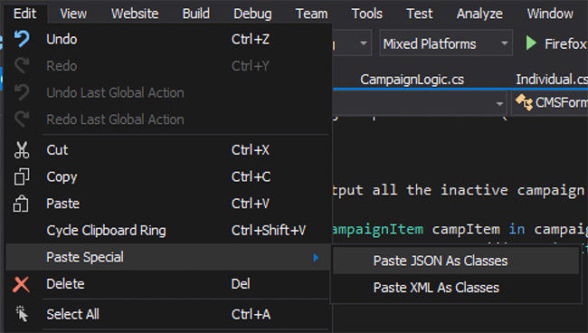 Paste Special - To Json or XML Class