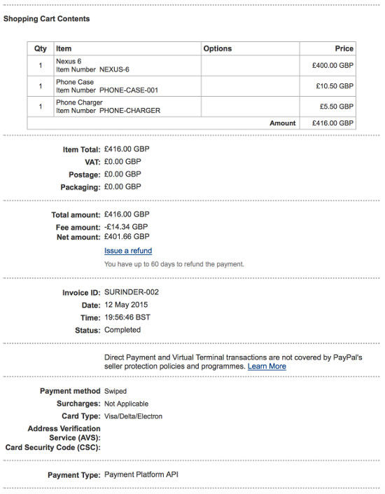 PayPal Invoice Sample