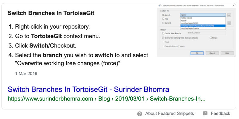 Google Featured Snippet - Switch Branches In TortoiseGit