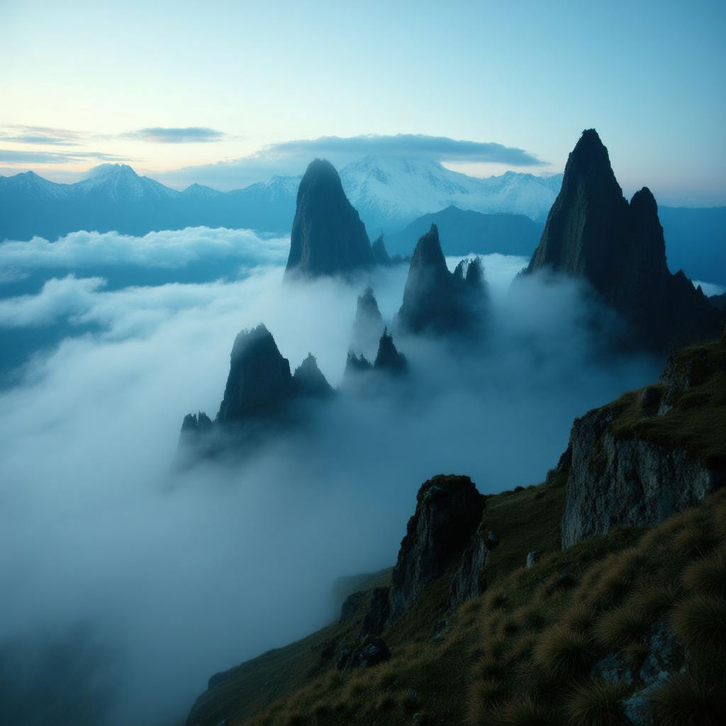 A cinematic photograph showcases the majestic peaks of the Cusco mountains shrouded in a dense, ethereal mist. Jagged rock formations pierce through the fog, with wisps of cloud swirling around the summits, catching the soft, muted light of the approaching dawn. A gentle breeze rustles through the high-altitude grasses and lichen clinging to the slopes, adding movement to the tranquil scene. The cool, blue-toned atmosphere evokes a sense of mystery and grandeur, with distant, snow-capped peaks barely visible through the haze.