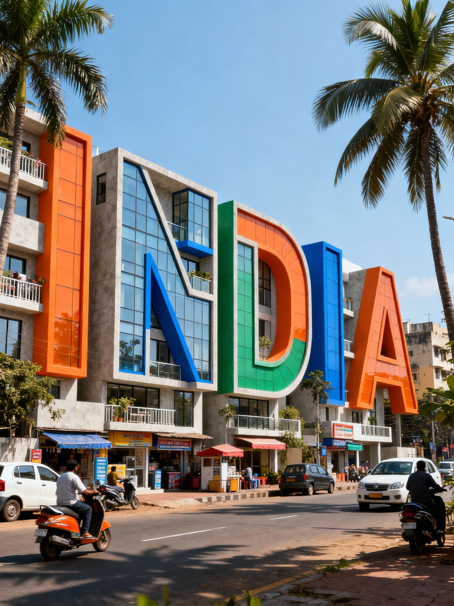 View of a cozy street in India on a bright sunny day, stark shadows. the modern houses are oddly shaped like letters that spell out INDIA Colored in Orange, Blue, Green. The houses still look like new modern houses and the resemblance to letters is subtle.