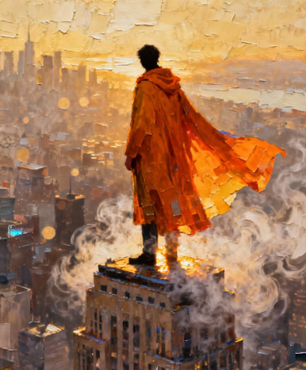 A lone figure stands on the edge of a towering skyscraper, wearing a long sunset-orange cape that billows outward. The figure’s face is obscured by shadow, but their posture conveys a sense of quiet resolve as they gaze out over the cityscape. Metallic iridescent highlights catch the light on the building’s facade, and a thick impasto texture covers the walls, creating a layered paper collage effect. Below, a blurred expanse of city lights creates a muted bokeh effect, while volumetric fog swirls around the figure’s feet, illuminated by a warm golden backlight.