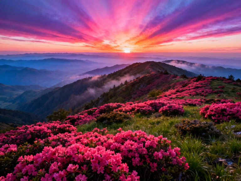 A picturesque photograph captures a vast mountain landscape bathed in the warm hues of either sunrise or sunset, showcasing a breathtaking panorama of natural beauty. The mountaintop is lavishly adorned with a sprawling field of vibrant pink rhododendron flowers, delicately interspersed with patches of verdant green grass and low-lying shrubs, all illuminated by the radiant glow of the sky. Distant mountain ranges cascade into the horizon, their layered forms fading into gentle shades of blue and purple, partially veiled by ethereal mist clinging to the lower slopes, while the sky above blazes with intense pink, orange, and purple light, creating a dramatic and captivating spectacle. From a slightly elevated vantage point overlooking the valley, the scene evokes a profound sense of tranquility and idyllic charm.